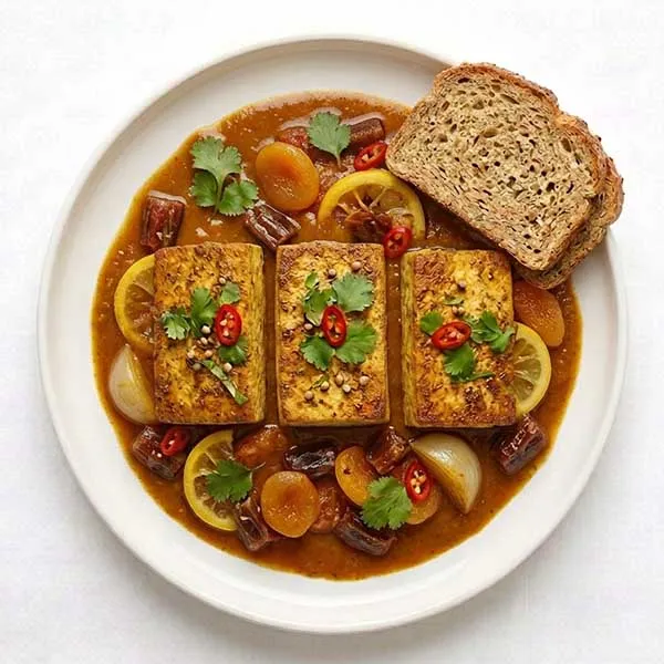 Moroccan spiced tofu tagine with protein bread